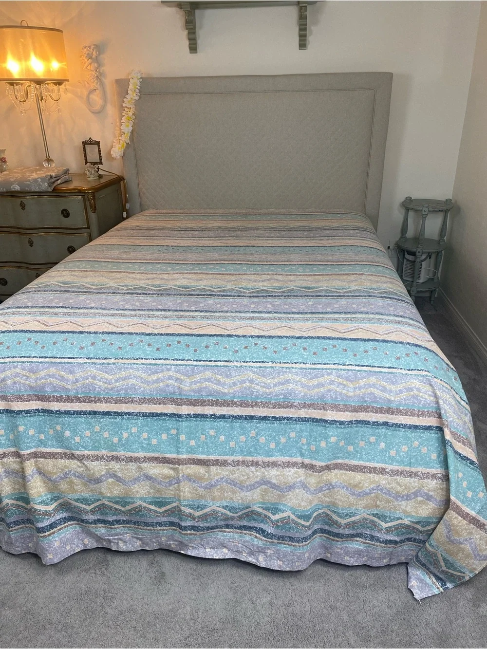 Southwest style Vintage Flat sheet Teal , lavender, tan beige